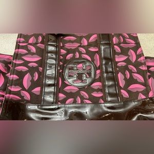 Tory Burch Canvas Open Tote Brown with Hot Pink Lips and Side Pockets